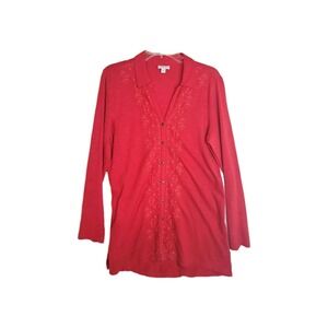 J Jill Red Embroidered Tunic Shirt Long‎ Sleeve Button M contemporary momcore